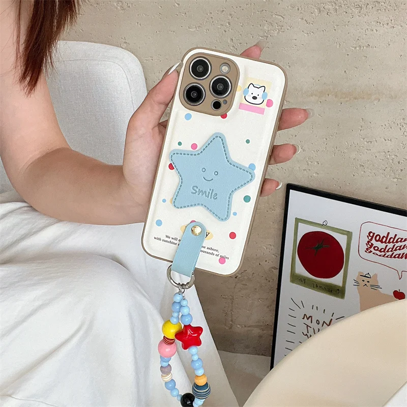 Color Polka Dot Cute Star Phone Case For iPhone 16 Pro 15 14 12 13 Pro Max Cover with Chain Crossbody Strap Cases For 16 Promax view 6
