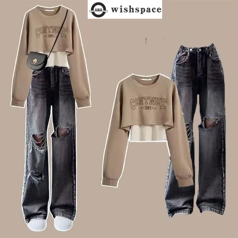 Spring and Autumn Set Women's Korean Version Spicy Girl True Two-piece Short Sleeved T-shirt+distressed Jeans Three Piece Set