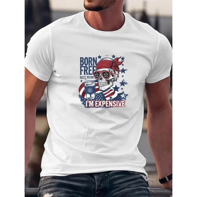 

Mens Skull USA Shirt Funny Patriotic July 4th Tee Born Free But Now Expensive Graphic T Shirt Cool Summer Tops for Men