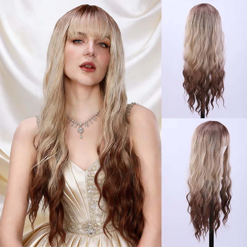 

Синтетический градиентный женский парик с кофейной волной и челкой, модный парик для молодых женщин, повседневная праздничная одежда