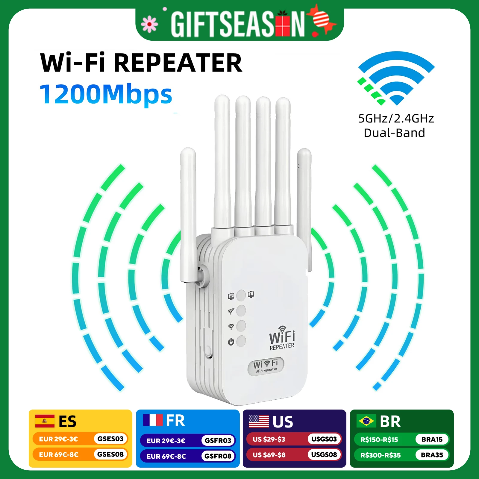 1200M WiFi Signal Extender Repeater for Home Dual Band 5GHz/2.4GHz Powerful Wireless Wi Fi Internet Booster with Ethernet Port