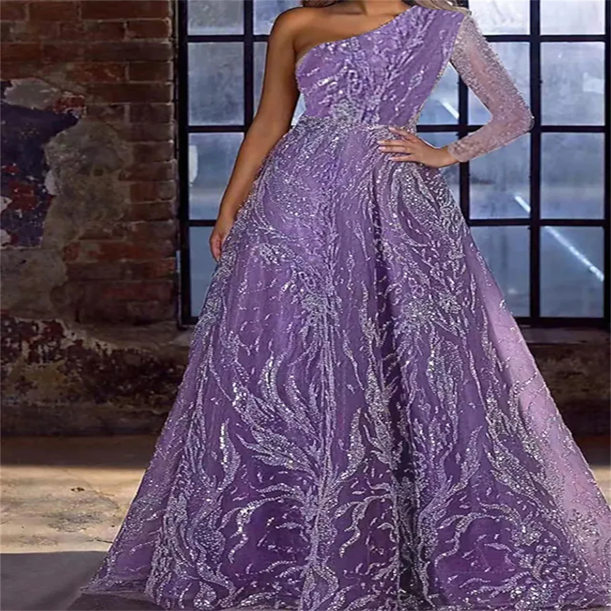 Women's Prom Party Evening Sequin Dress Swing Maxi Purple Long Sleeve Pure Color One Shoulder Fashion Wedding Guest 2024 Custom