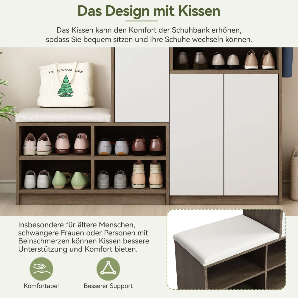 Schuhschrank, Schuhbank, Schuhregal mit gepolstertem Sitz, vielseitige Schuhaufbewahrungslösung mit Regalen für den Flur 140*35*110 cm – Detail 19