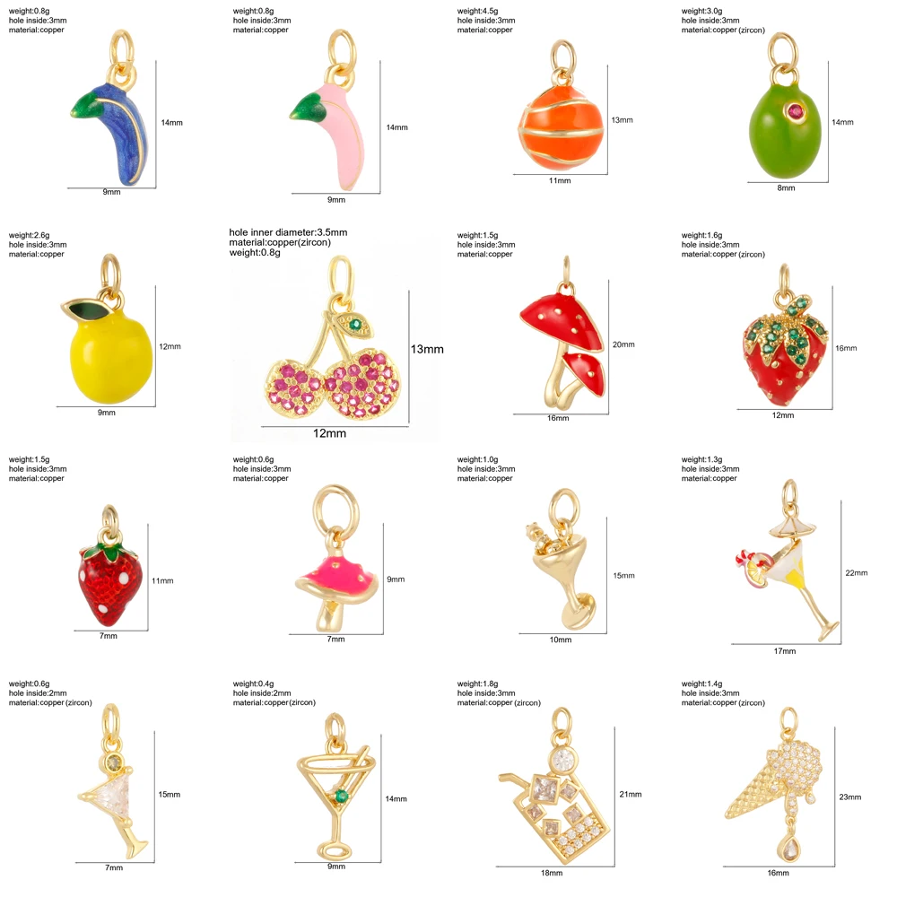 Cute Fruit And Zircon Beverage Pendants Charms For Jewelry Making Supplies Gold Color Dijes Diy Earring Necklace Keychain