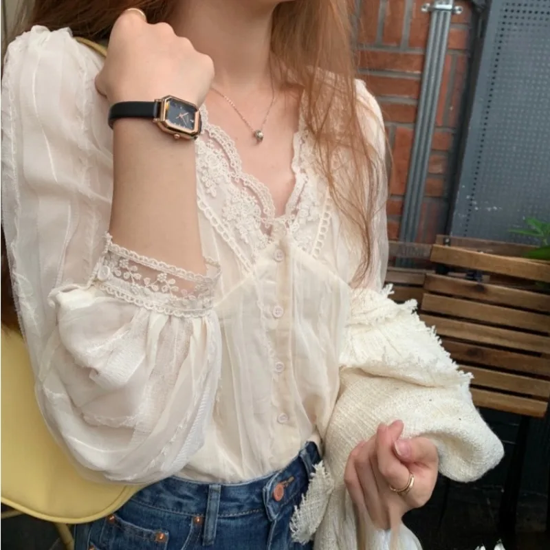 OCEANLOVE V Neck Lace Chiffon Shirts&blouses Women Tops Spring Autumn Elegant Blusas Mujer Korean Fashion Solid Sweet Camisas