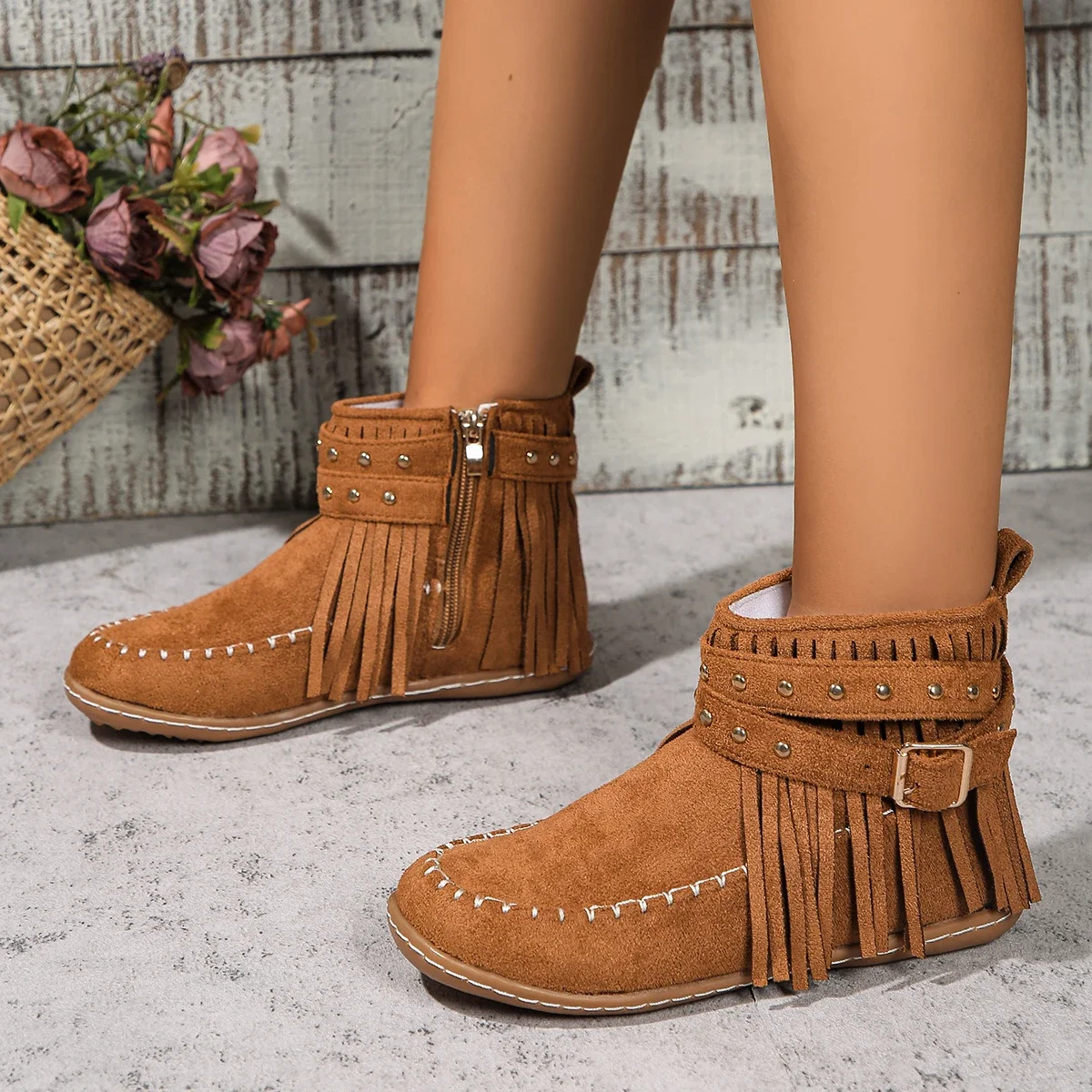 Botas de franja feminina, botas de plataforma, monocromáticas, sapatos casuais, vintage, novo, inverno, 2022