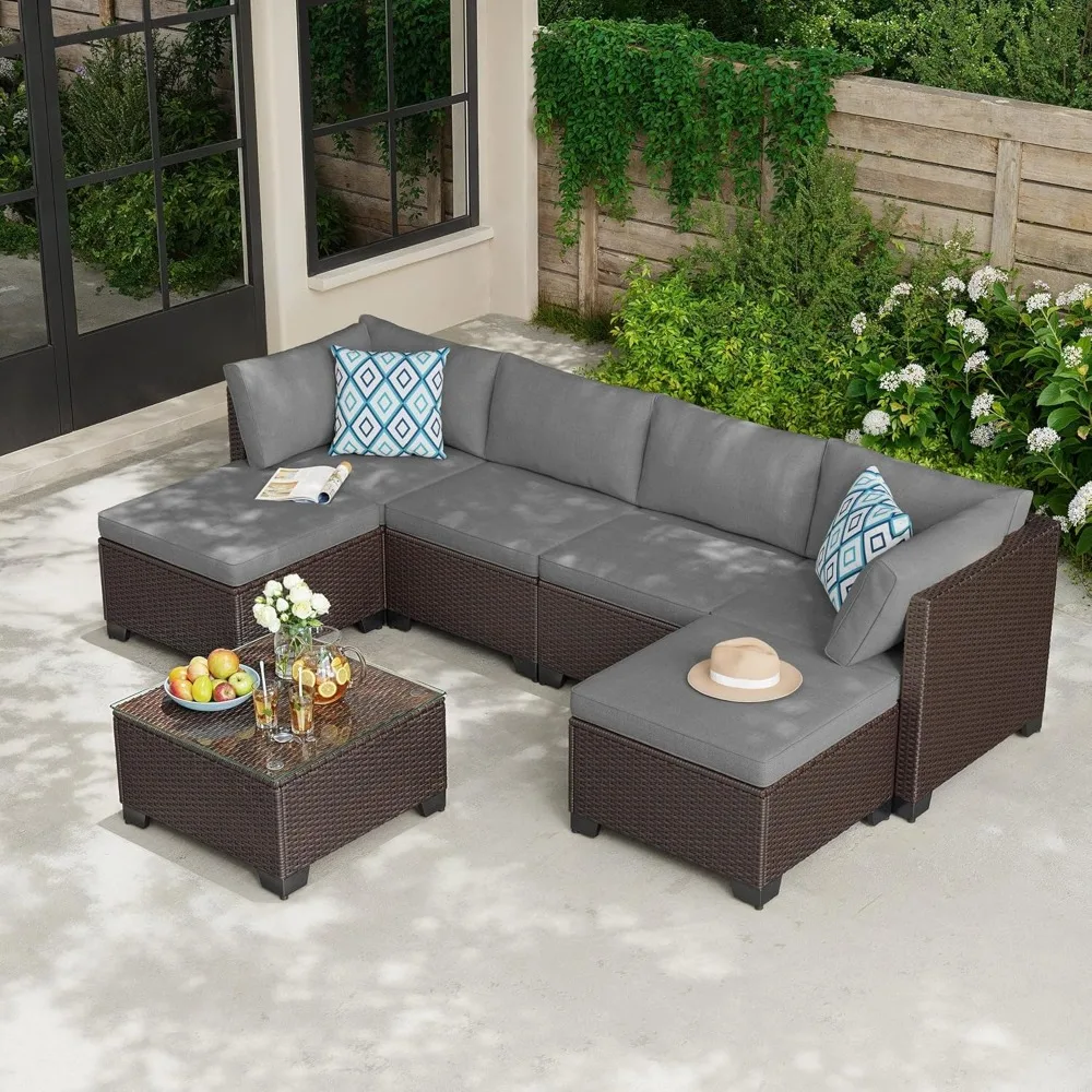 7 Pieces Outdoor Patio Furniture Set, All-Weather PE Rattan Wicker Sectional Sofa Seating with Waterproof Cushions and Coffee T