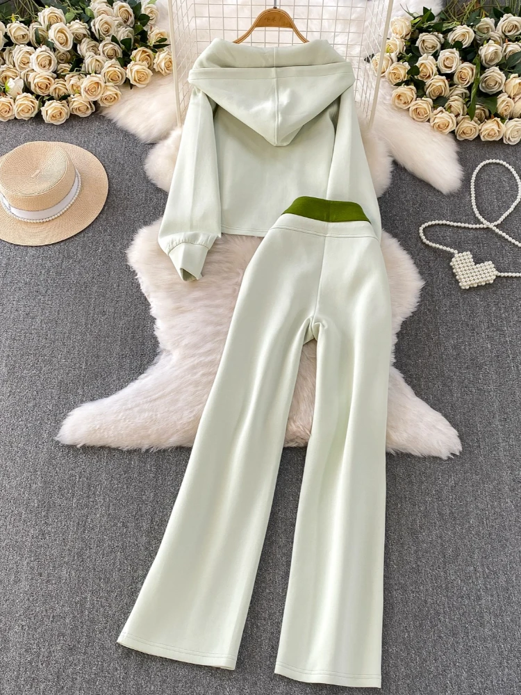 طقم رياضي كاجوال مكون من قطعتين تصميم خريفي للسيدات جاكيت بقلنسوة وسحاب ملون متباين + بنطال تنحيف عالي الخصر #4