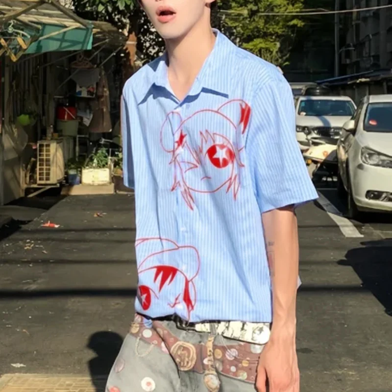 

Мужская рубашка INCERUN с принтом, отложным воротником, коротким рукавом, летняя повседневная, уличная одежда, на пуговицах, 2026, в корейском стиле, свободного кроя