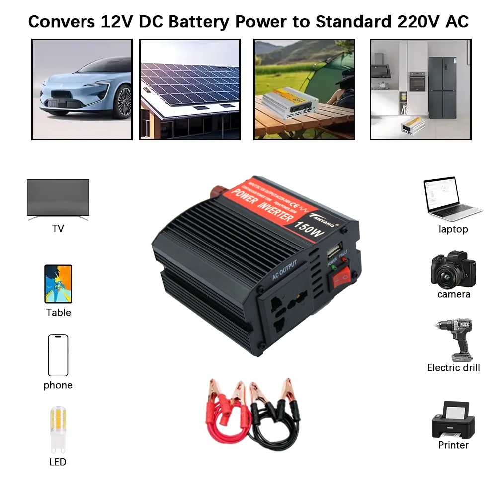 150W Portable Power Car Inverter Car Inverter Solar Inverter USB DC 12V to AC 220V Conversion USB Battery Clip Universal socket