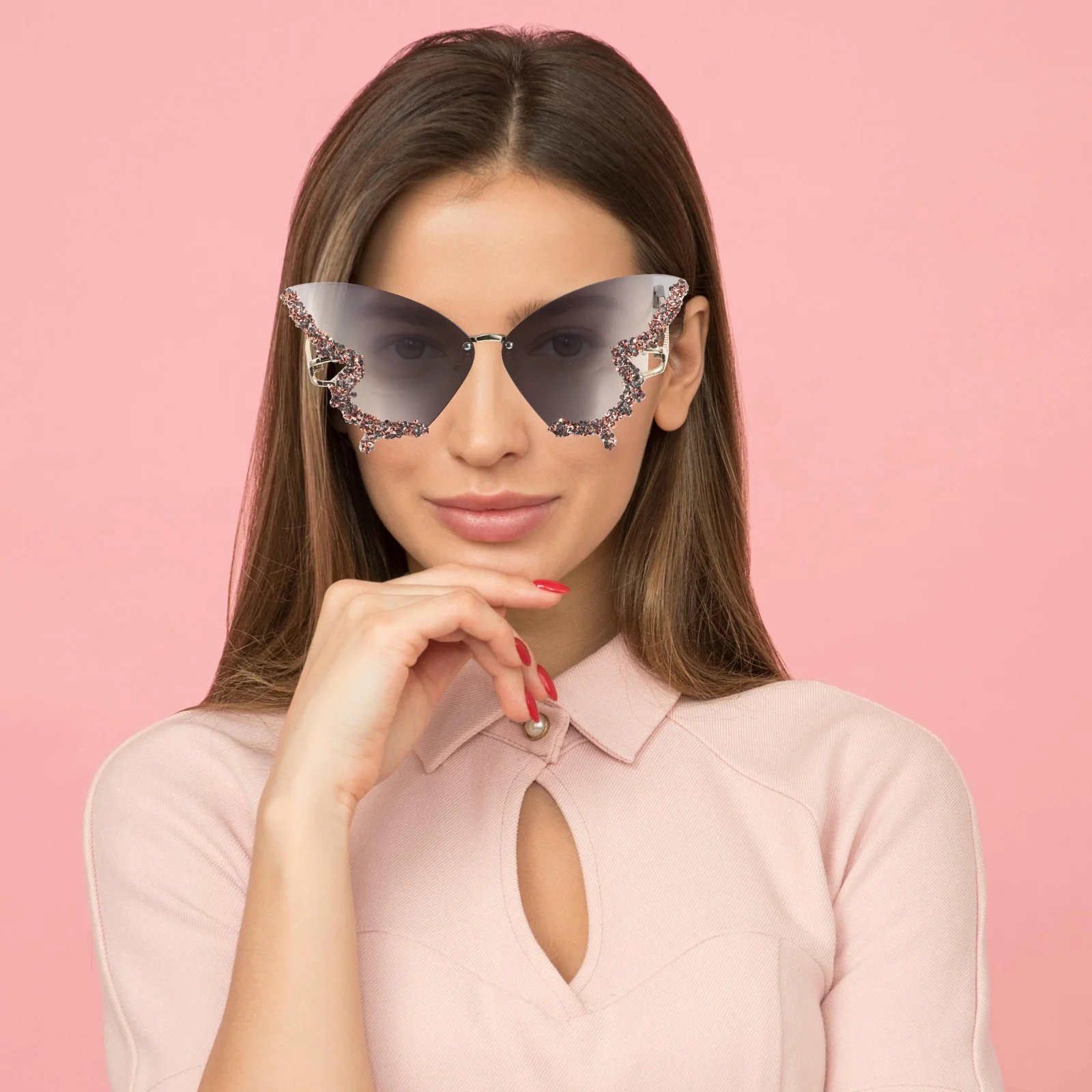 Gafas de sol sin montura de mariposa con acento de diamante, gafas clásicas con bloqueo UV, gafas de moda para mujer, fiesta de Festival