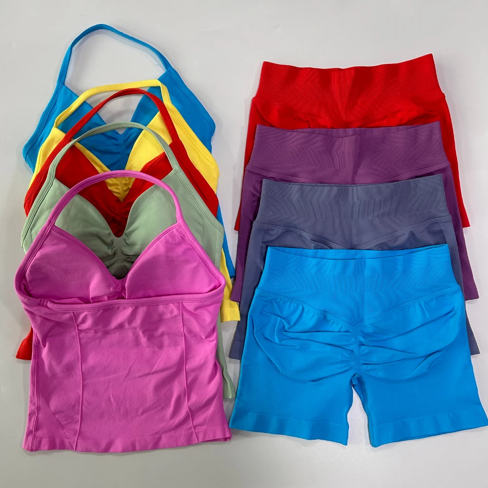 

No Logo 2pcs Gym Set Women Backless Tank Top High Waist Scrunch Seamless Shorts Fitness Clothes Activewear Workout Sets Gym Suit