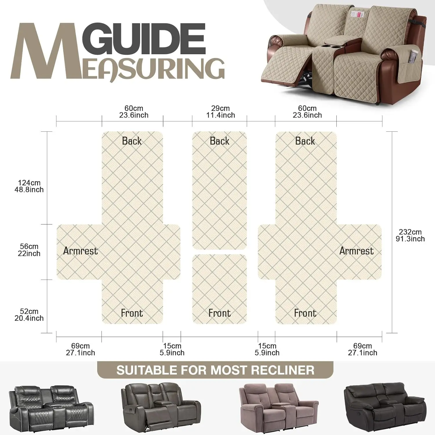 Waterproof Recliner Loveseat Cover with Console, Non-Slip Couch Protector for 2 Seats, Elastic Straps, Khaki