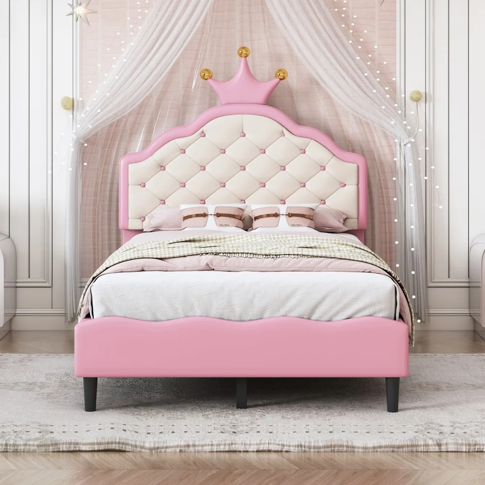 Upholstered Bed Frame with Crown Headboard, Wooden PU Leather Princess Bed with Button Tufted Headboard,Pink Beds for Girls