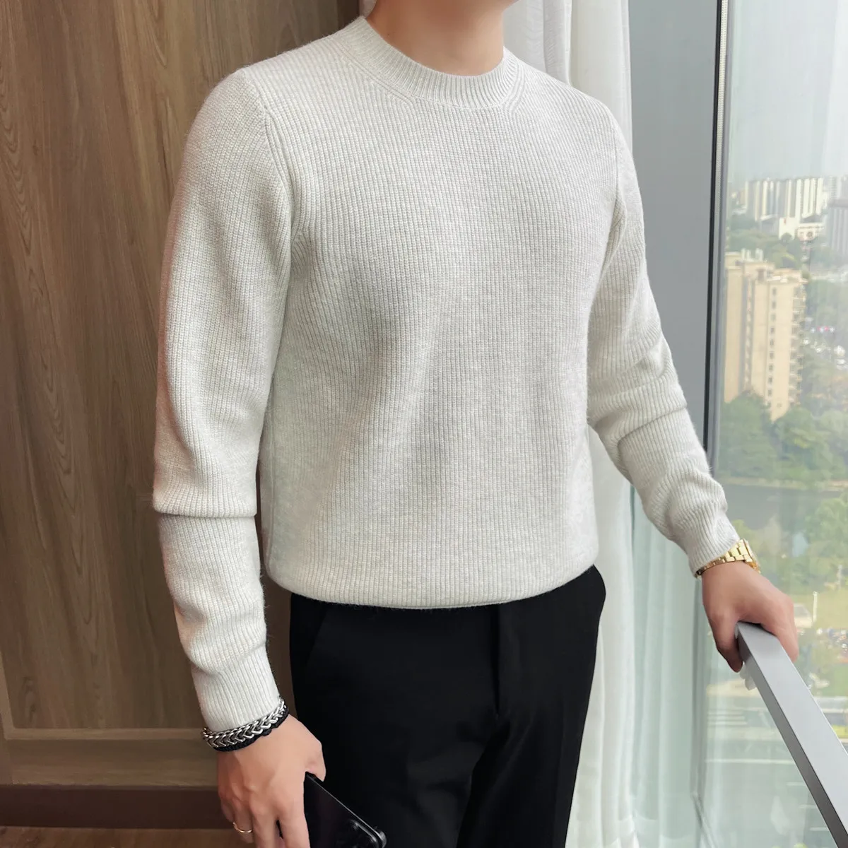 

Зимний толстый свитер, мужские корейские стильные однотонные мужские повседневные свитера с длинными рукавами, облегающие эластичные вязаные пуловеры Homme