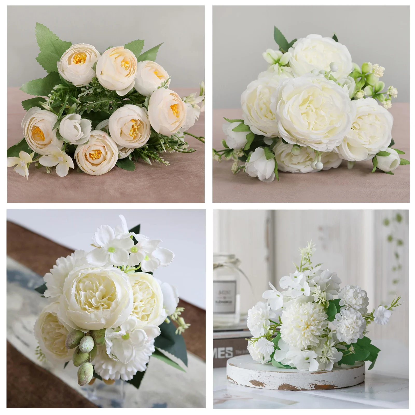 1 Bouquet white Artificial Flowers Peony Tea Rose Autumn Silk Fake Flowers for DIY Living Room Home Garden Wedding Decoration