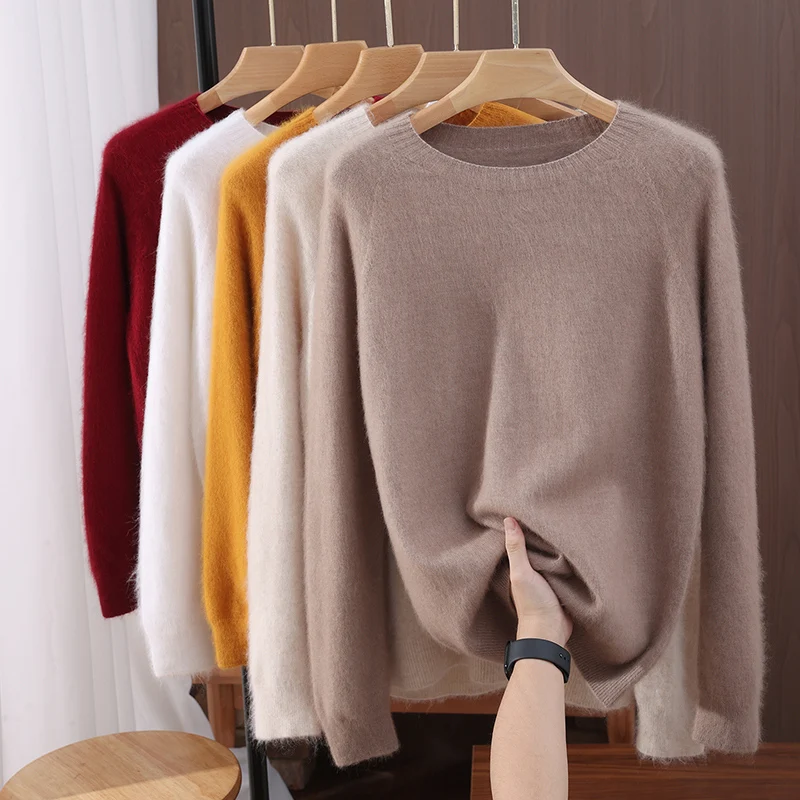 

100% Mink Cashmere Women's O Neck Pullover High Level Elegant Sweater Fashion Comfortable Inner Wear Soft Warm Knitwear Tops