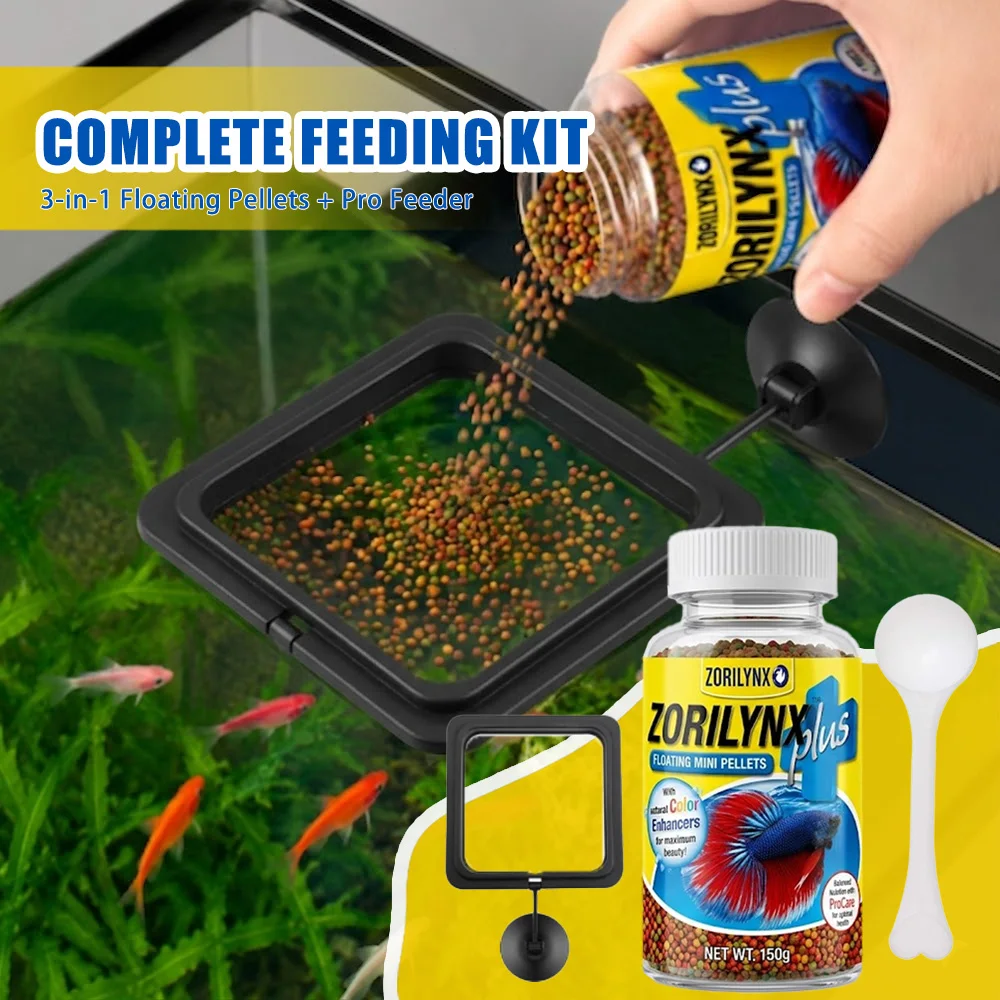 Alimento en Pellets para Peces con Anillo Flotante Cuadrado, Set para Betta y Peces Dorados, Potenciador de Color Nutritivo, Combo ZORILYNX Plus X2