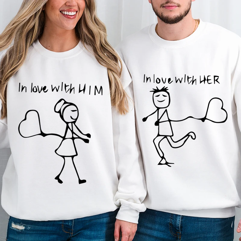 

In Love with Him/Her Print Sweatshirt Fun Cartoon Character Long Sleeve Women Men Y2K Sudadera Crewneck Couple Matching Pullover