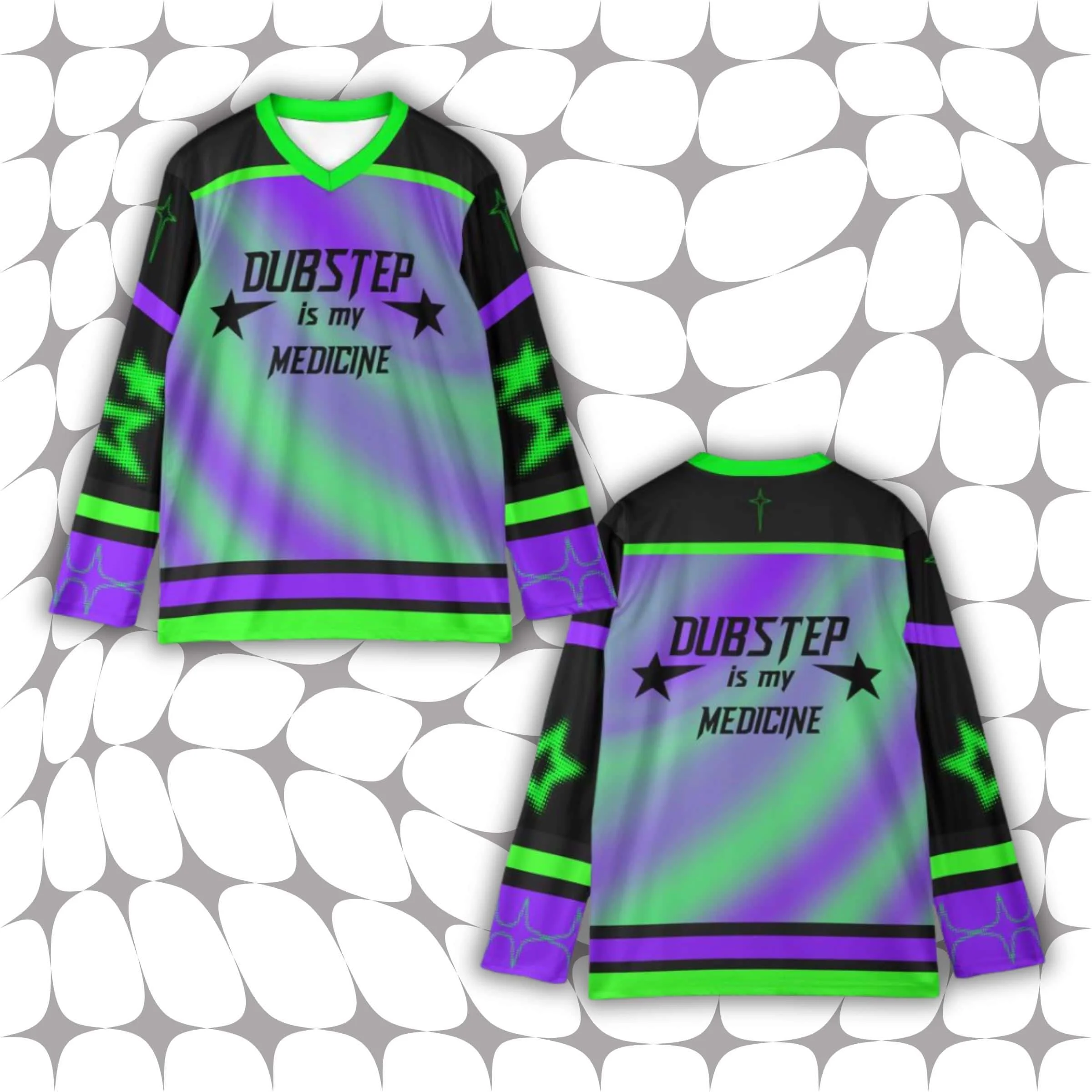 Dubstep Electronic Music Themed Long Sleeved Soccer Suit with Purple Green Star Print, Niche Rave Party Men's and Women's Tops