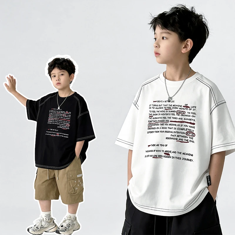

2026 Kids New Summer Short Sleeve Cotton T-shirt for Teens Boy Casual Tshirt with Letter Print Children Fashion Tee Tops 5-14 Y