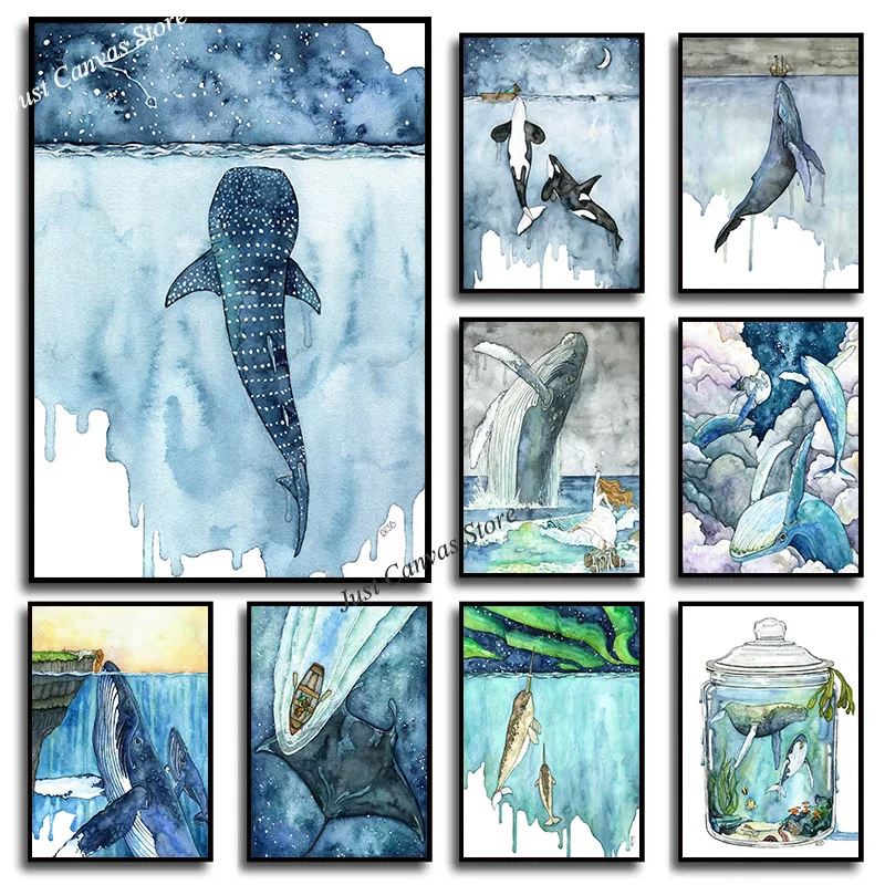 Акварельная гигантская морская КИТ, орка и девушка, печатный плакат, холст, живопись, абстрактная Морская жизнь, настенное искусство для детской комнаты, декор для комнаты мальчика