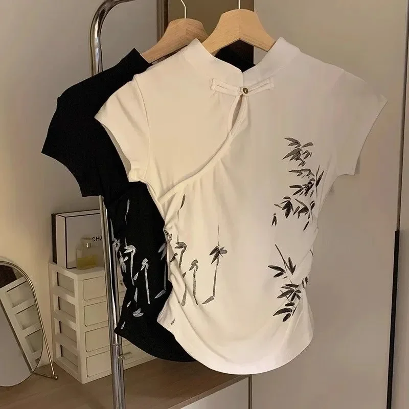 Camiseta de manga corta con estampado de bambú de estilo chino Retro para mujer, novedad de verano, Top con botones y cuello levantado a la moda