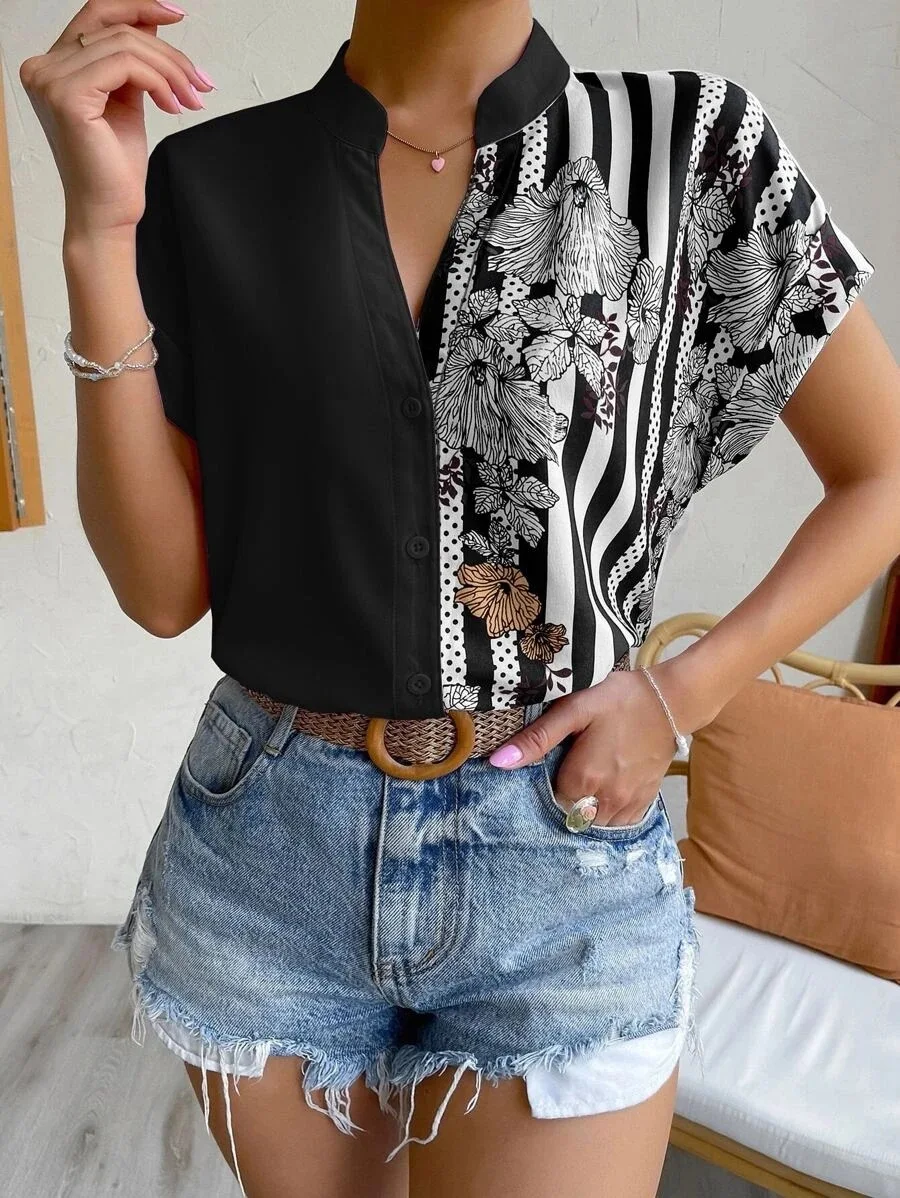 Women\'s New Summer Double-contrast Flower Button Cardigan Short-sleeved Shirt 2023 Red Casual V-neck Fashion Shirts For Women