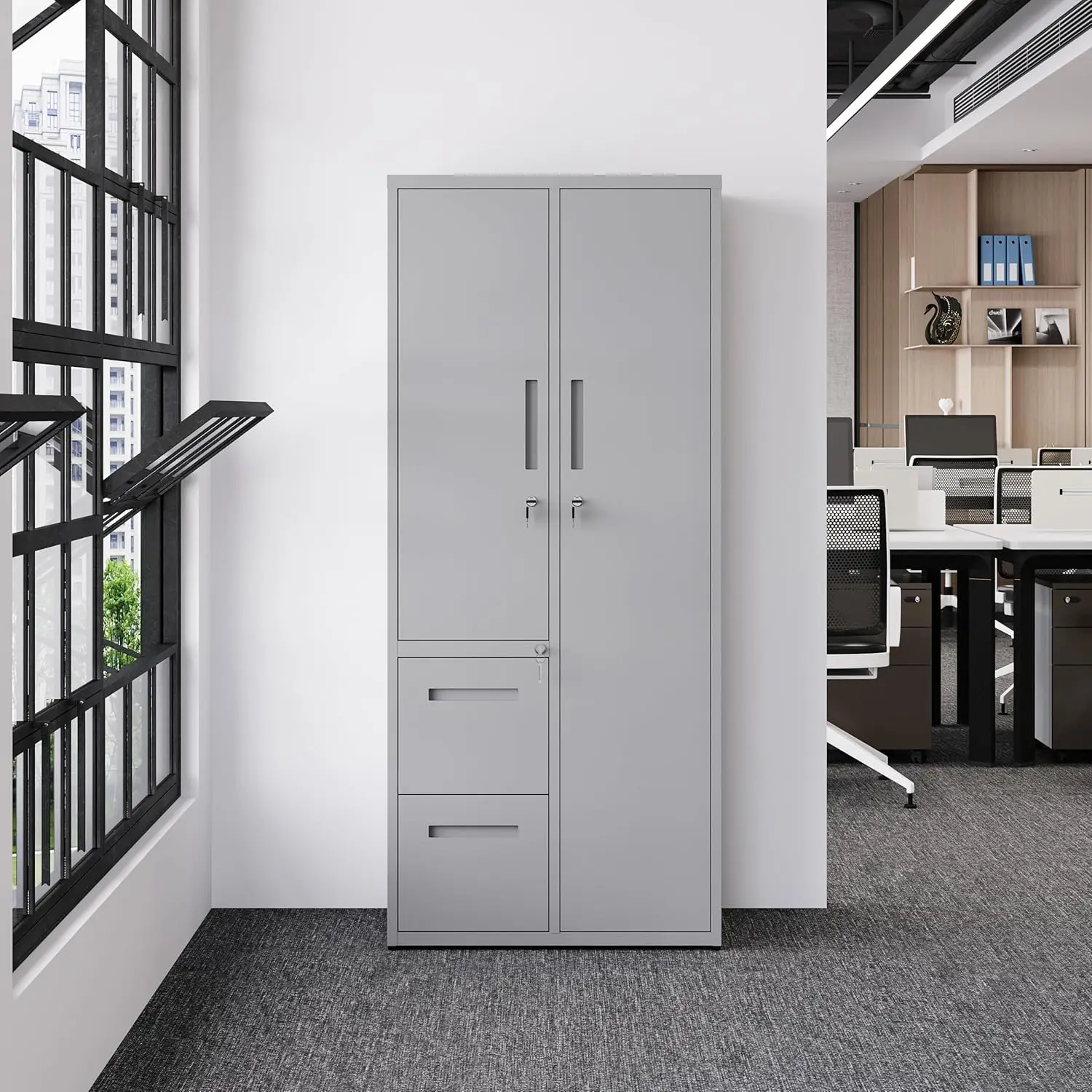 Metal Storage Cabinets with Drawers, Staff Locker with Lock Door and Shelves-Wardrobe Clothing/File/Tool Storage (Gray)