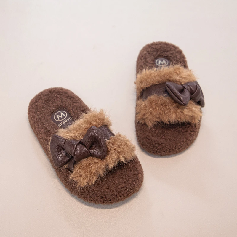 Arco de algodão esfregar 2025 inverno nova cabeça redonda dedo do pé aberto plataforma de camurça antiderrapante resistente ao desgaste flip-flops sapatos de casa das crianças