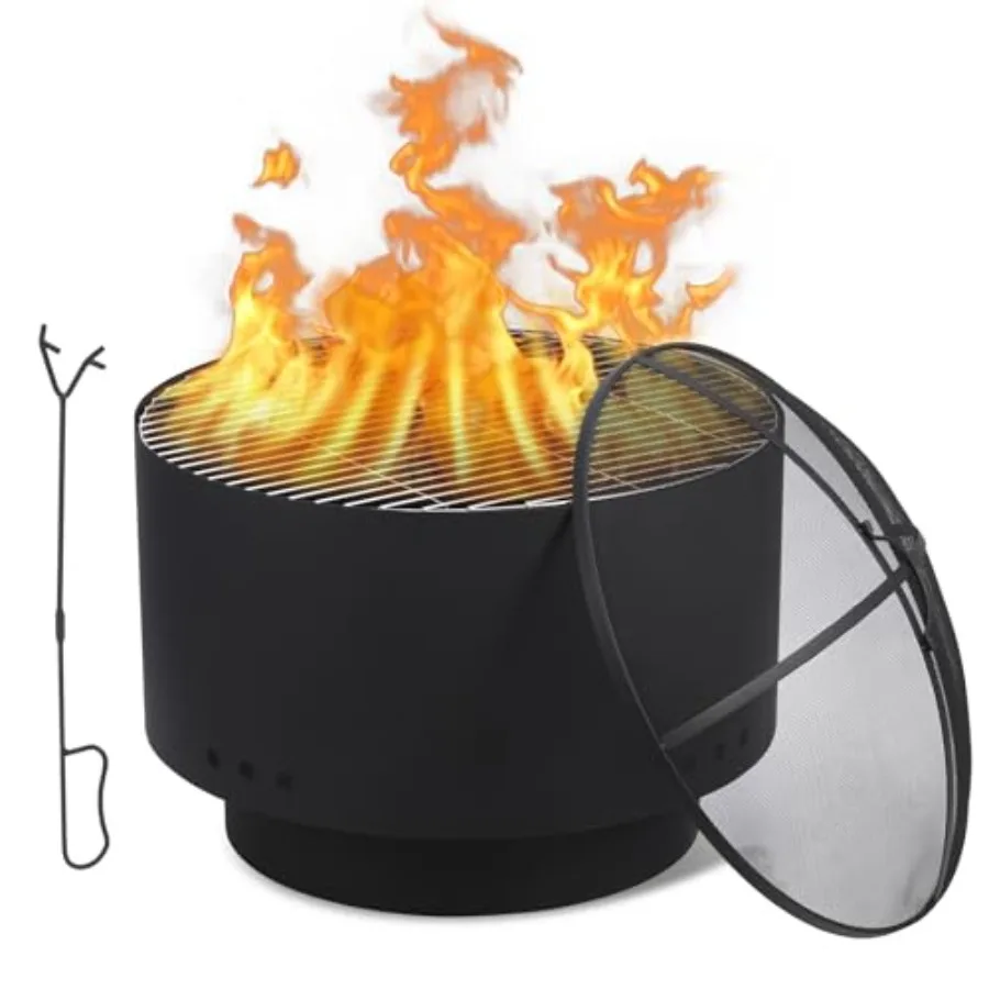 26 in Smokeless Fire Pit for Outdoor Wood Burning, Stainless Steel, Black, Efficient Airflow Design