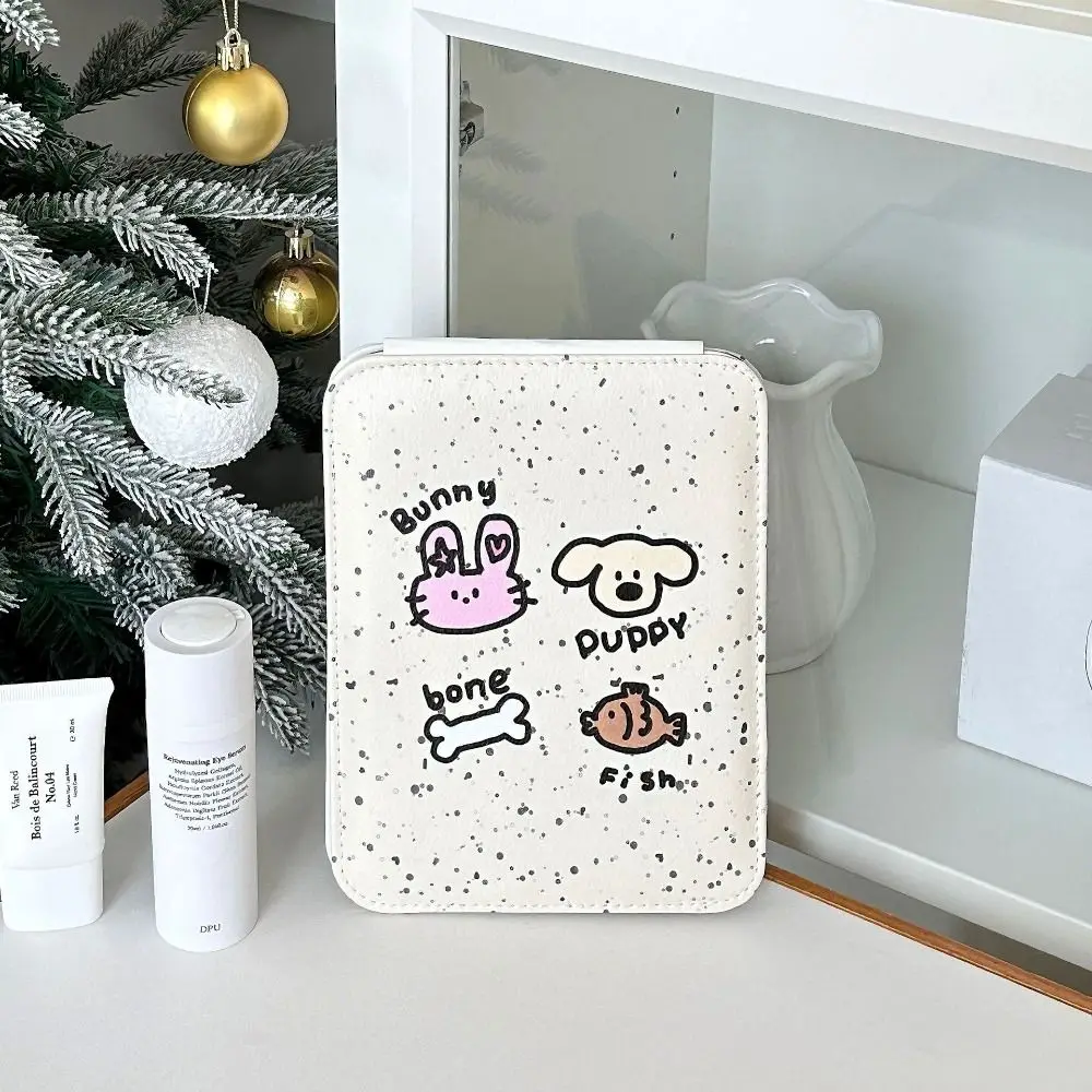 Beauty Pu Leather Desktop Stand Mirror Cartoon Puppy Flower Fold Makeup Mirror Easy To Carry Folding Vanity Mirror Dormitory