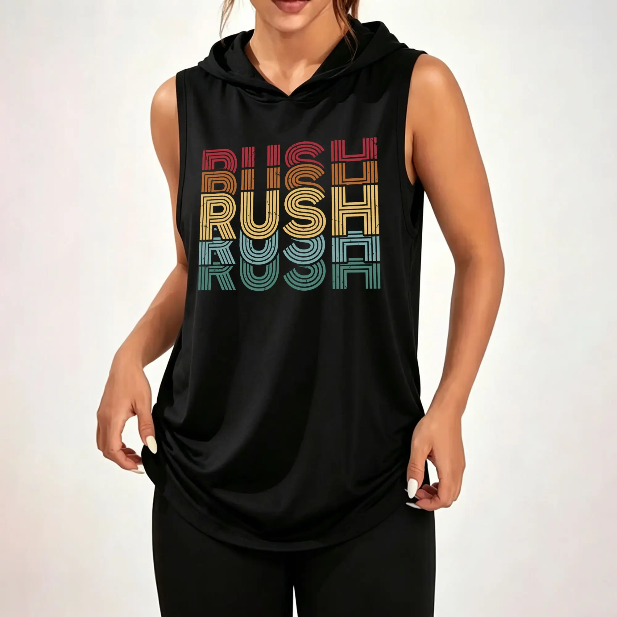 Women's Sleeveless Hoodie, Rush Multi‑Color Retro Stacked Text Vintage Graphic Print Casual Hooded Tank T