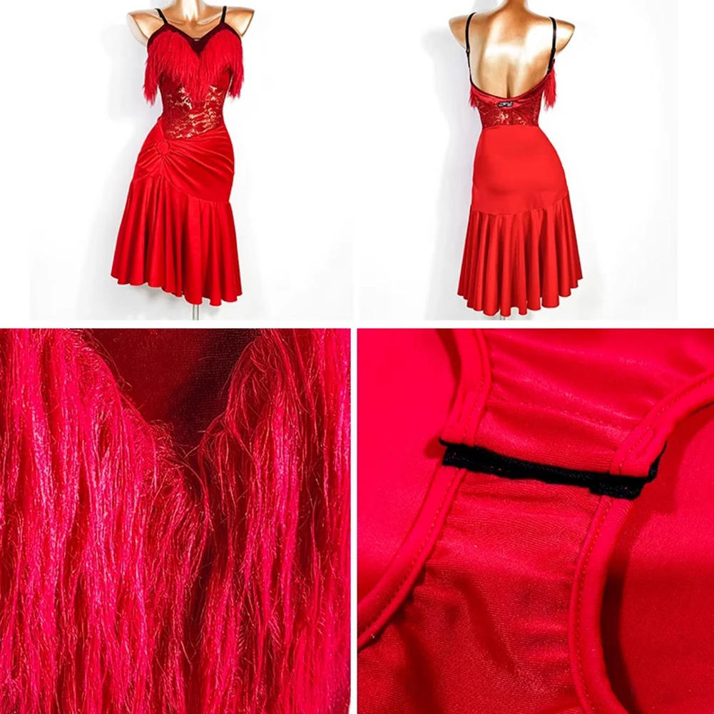 Sleeveless Tango Dress Fluffy Samba Red Women's Sexy Sling Strap Latin Dance Clothing Practice Clothes Performance Use
