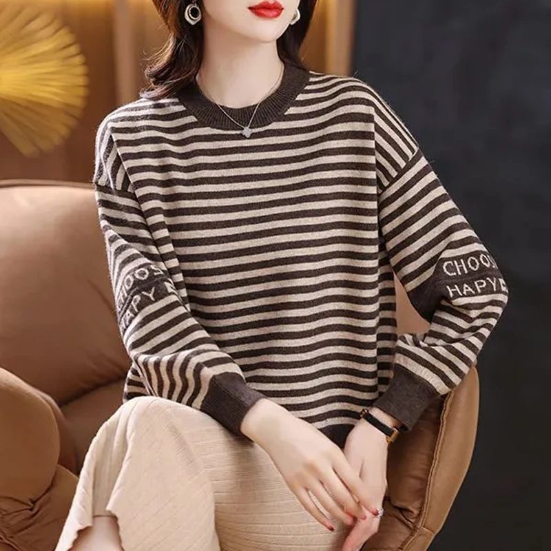 2023 Women Korean Style Striped Letter Chic Elegant Knitted Sweater Female Simple Casual Long Sleeve Pullover Tops Loose Jumpers