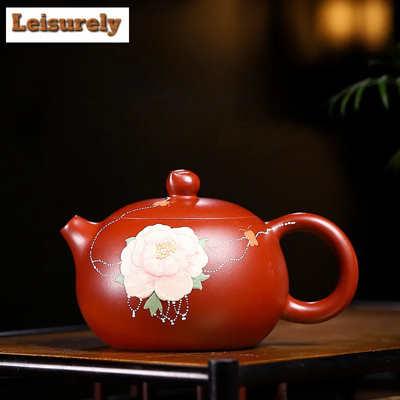 

220ml Yixing Purple Clay Teapots Handmade Colored Drawing Xishi Pot Raw Ore Dahongpao Mud Tea Making Kettle Zisha Tea Set Tea