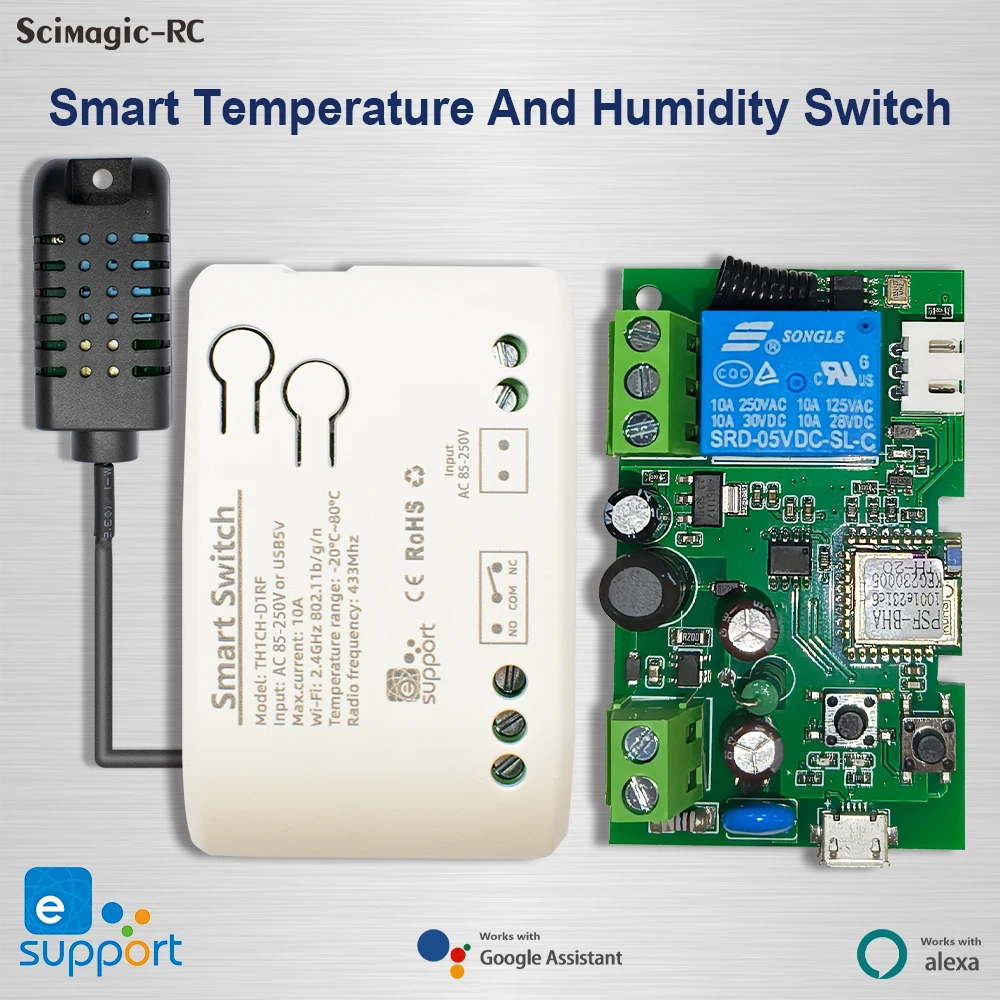 Week-wi-fiスマート温度および湿度センサー,1ch,7-32v,85-250v,12v,24v,220v,リレーモジュール,自動化