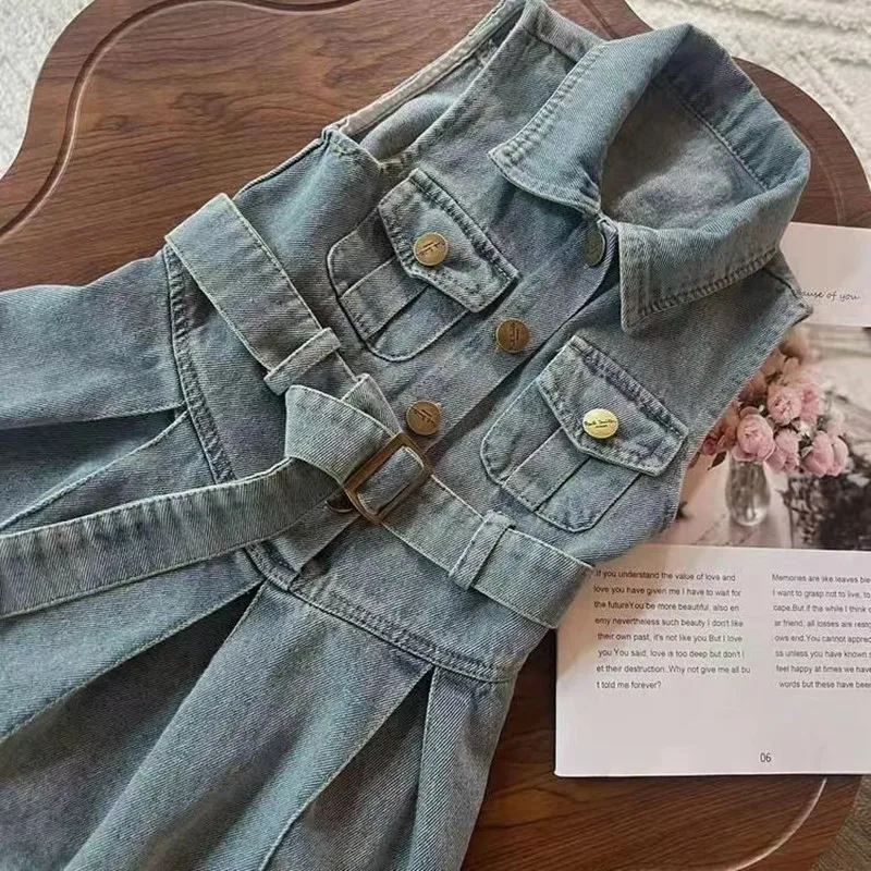 Summer Solid Kid Girls Sleeeveless Denim Dress Toddler Baby Kids Girl Princess Sundress Party Clothes New Young Girl Denim Dress