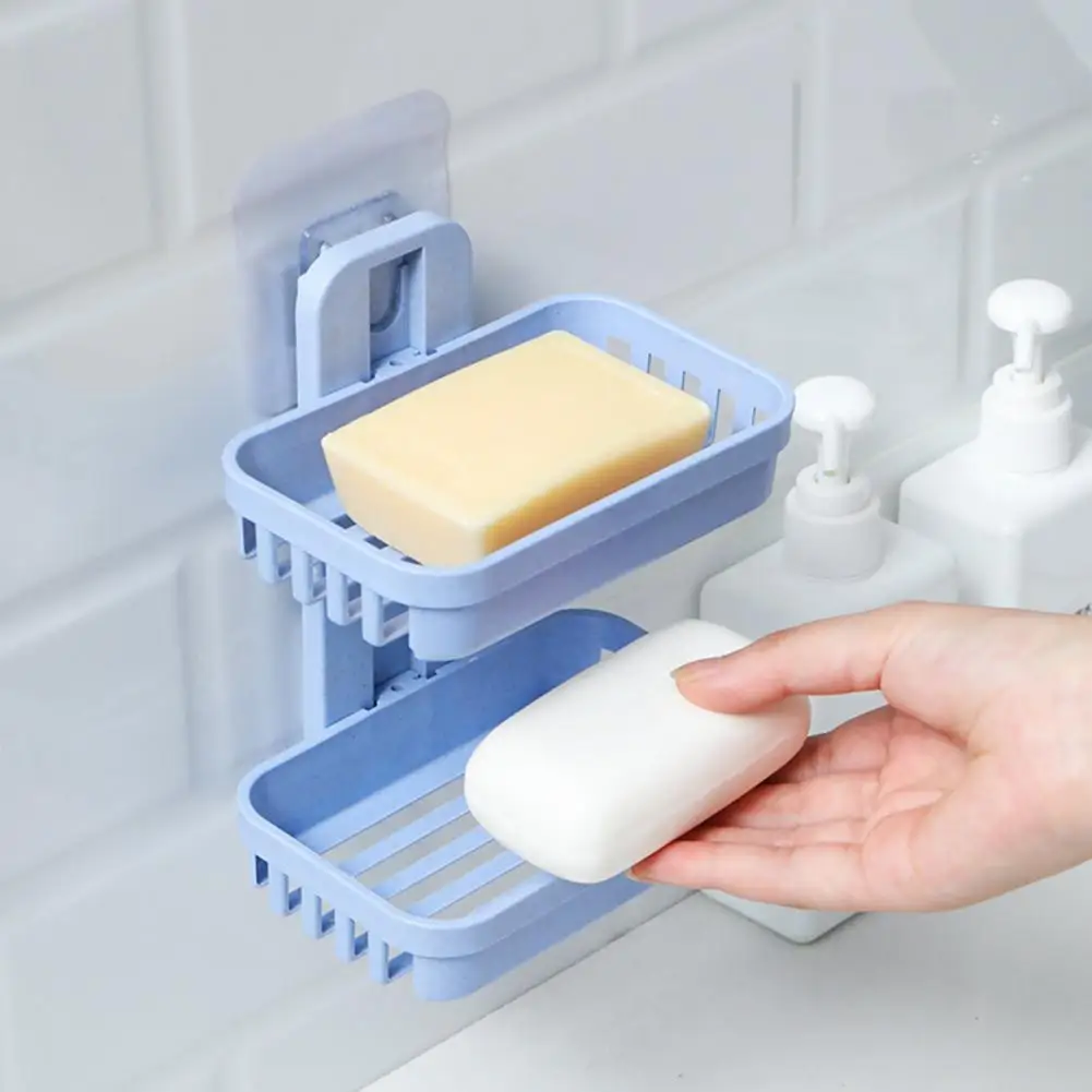 Wall Mounted Soap Box Double Layer Punch Free Hollow Drain Rectangle Soap Dry Shower Soap Dish Holder Container Bathroom