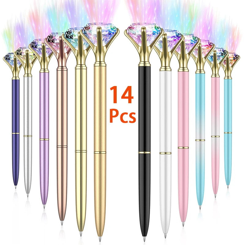 14Pcs LED Crystal Diamond Pen Light Up Diamond Ballpoint Bling Metal Pen Black Ink Pens for School Office Writing Supplies