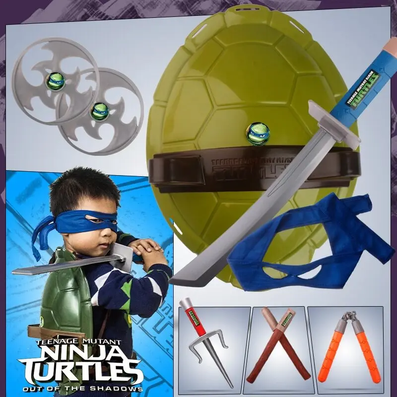 Conjunto de fantasia de cosplay das tartarugas ninja mutantes adolescentes, máscara, faixa de cabeça, casca de tartaruga, acessórios de arma para crianças, presente de aniversário