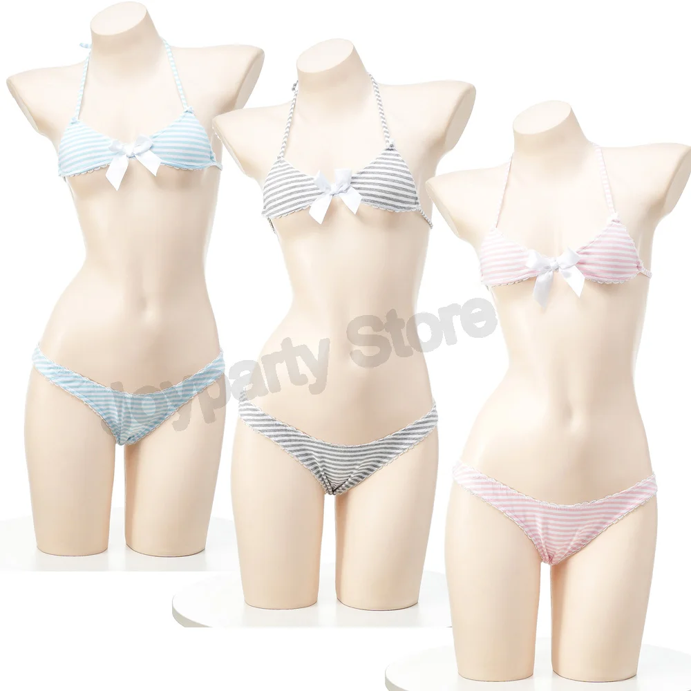 Three point striped bikini Girl Bikini Swimsuit Japanese Swimwear Roleplay Outfit Women Cute Maid Underwear Costume