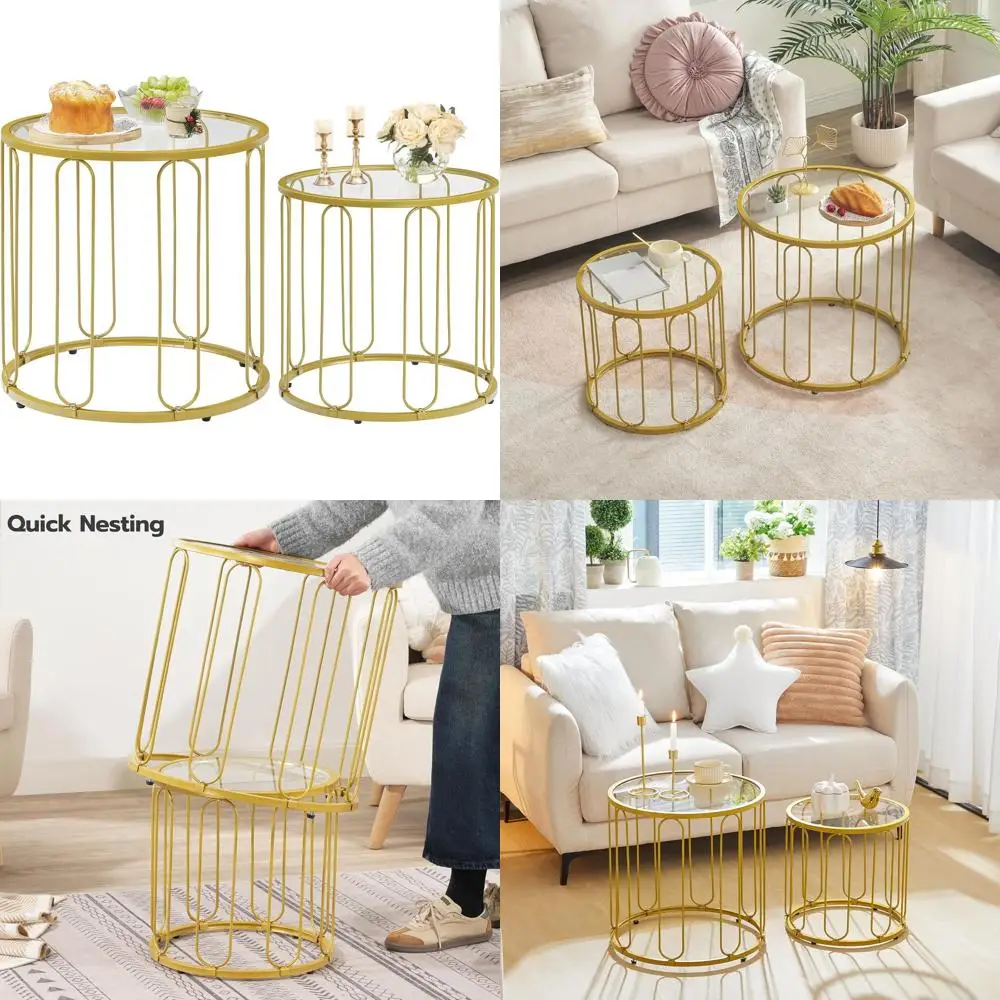 

Pair of Gold-Accented Metal Frame Coffee Tables with Round Tempered Glass Tops for Living Spaces