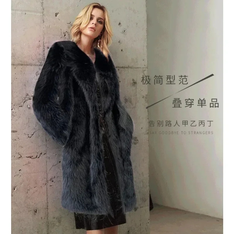 Women Winter Warm Plush Faux Fur Long Jacket Elegant Y2K Chic Clothes Lapel Furry Coats Overcoat Pilot Jacket Outwear Blend