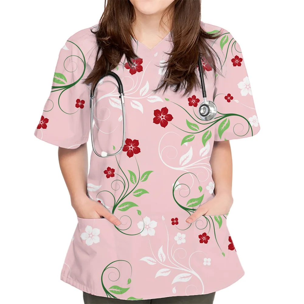 Uniformes chirurgicaux femme mode imprimé fleuri vétérinaire uniformes chirurgicaux col en v à manches courtes hauts Pet Medico gommages chirurgicaux pour femmes