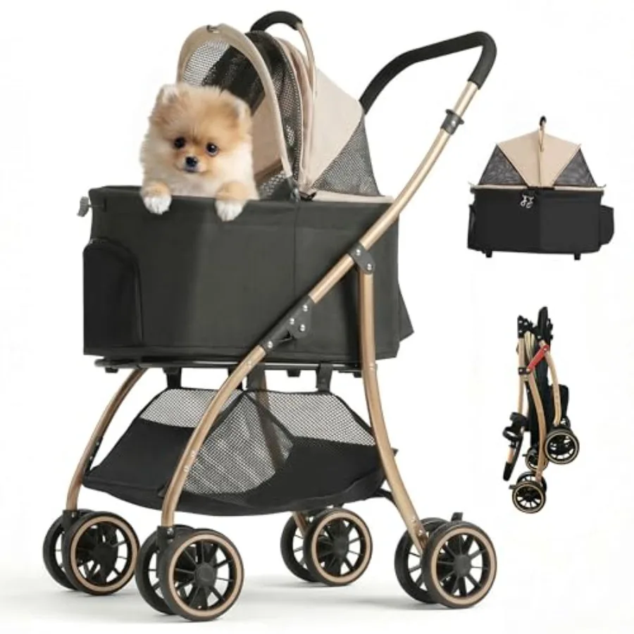

Pet stroller for small dogs and cats, aluminum alloy frame, black, ultra-lightweight at 10 lbs with 35 lbs max capacity, detach