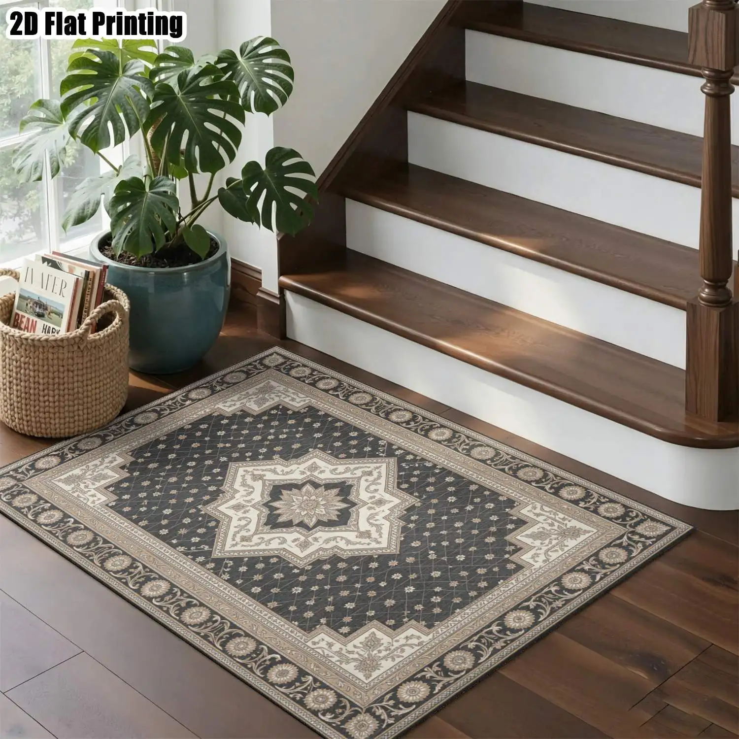 1Pc 2D Printed Carpet: Gray-Blue Base Brown Retro Floral, European Style, Machine Washable, Multi-Size, Multi-Scene Use
