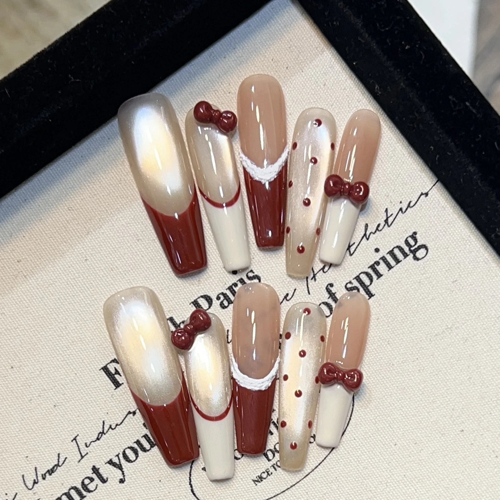 10 Uds. De uñas postizas hechas a mano con punta francesa en forma de T con lazo 3D, brillo de diamantes de imitación, Kit de manicura DIY para mujeres y niñas