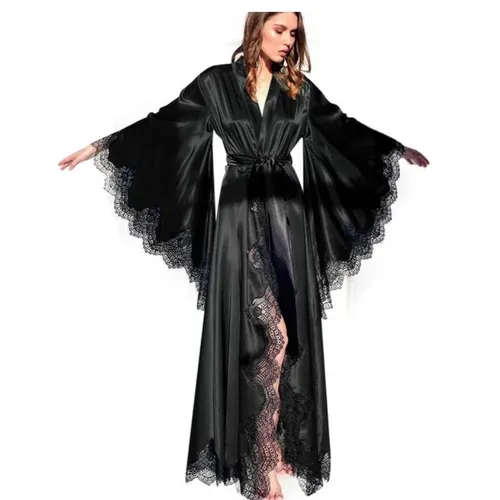 여성용 잠옷 기모노 잠옷, 퓨어 롱 블랙 실크 새틴 레이스 트림, 원피스 웨딩 신부 가운, 사진 촬영  Best5