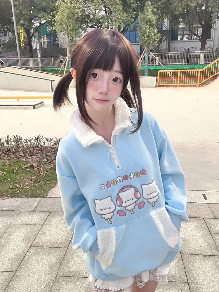 Sudaderas con estampado de dibujos animados japoneses para mujer, jerséis con media cremallera, subcultura Kawaii, camisetas nuevas de moda estética bonita Harajuku